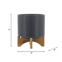 Jeny Flower Planter Pot on Wood Stand, Dark Gray Glazed Ceramic 8 Inch - BM349817