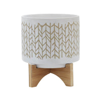 Jeny Flower Planter Pot on Wood Stand, White Beige Chevron Ceramic 8 Inch - BM349818