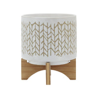 Jeny Flower Planter Pot on Wood Stand, White Beige Chevron Ceramic 8 Inch - BM349818