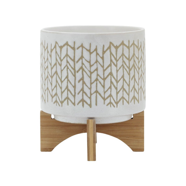 Jeny Flower Planter Pot on Wood Stand, White Beige Chevron Ceramic 8 Inch - BM349818
