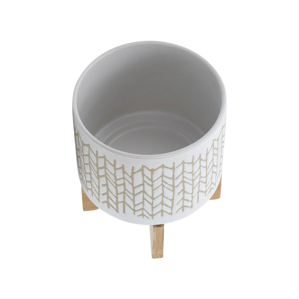 Jeny Flower Planter Pot on Wood Stand, White Beige Chevron Ceramic 8 Inch - BM349818