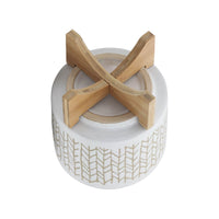 Jeny Flower Planter Pot on Wood Stand, White Beige Chevron Ceramic 8 Inch - BM349818