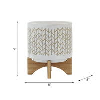 Jeny Flower Planter Pot on Wood Stand, White Beige Chevron Ceramic 8 Inch - BM349818