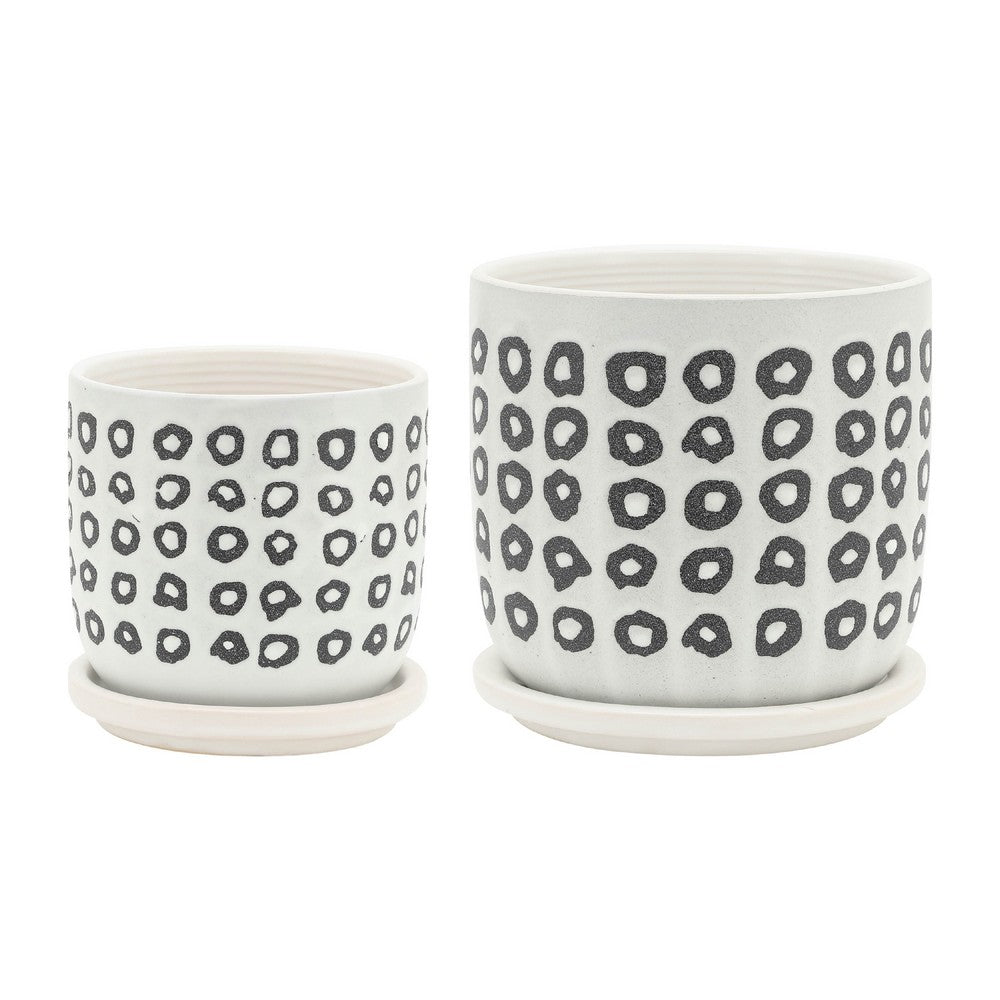Set of 2 Flower Planters w Saucers, Black and White Aztec Ceramic 5/6 Inch - BM349819