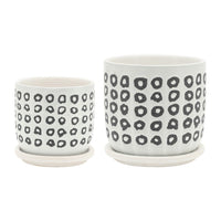 Set of 2 Flower Planters w Saucers, Black and White Aztec Ceramic 5/6 Inch - BM349819