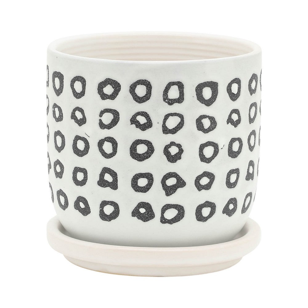 Set of 2 Flower Planters w Saucers, Black and White Aztec Ceramic 5/6 Inch - BM349819