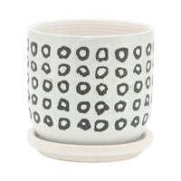 Set of 2 Flower Planters w Saucers, Black and White Aztec Ceramic 5/6 Inch - BM349819