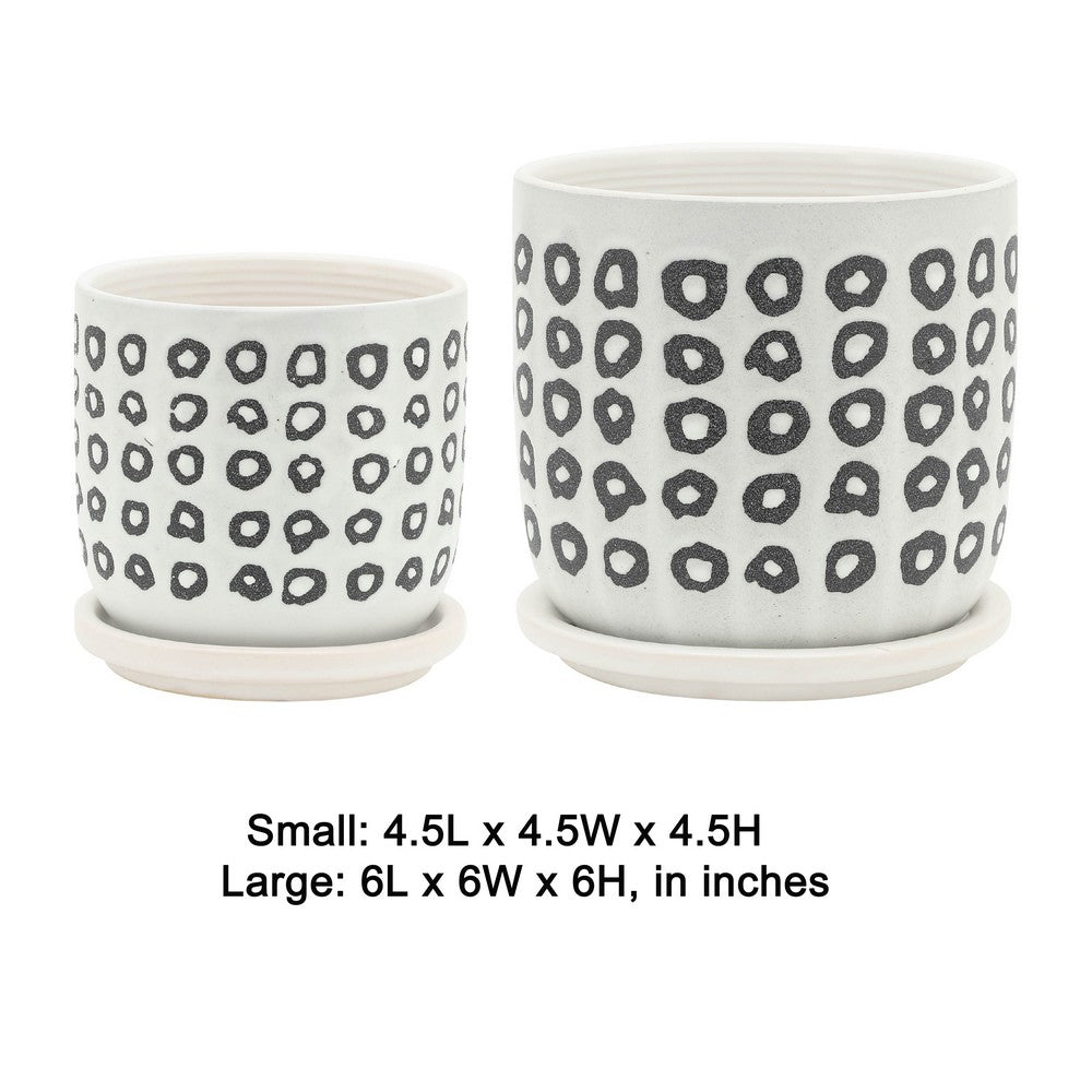 Set of 2 Flower Planters w Saucers, Black and White Aztec Ceramic 5/6 Inch - BM349819