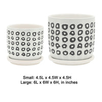 Set of 2 Flower Planters w Saucers, Black and White Aztec Ceramic 5/6 Inch - BM349819