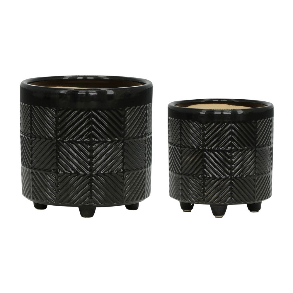 Decorative Flower Planter Set of 2, Shiny Black Textured Ceramic 6/8 Inch - BM349820