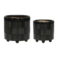 Decorative Flower Planter Set of 2, Shiny Black Textured Ceramic 6/8 Inch - BM349820
