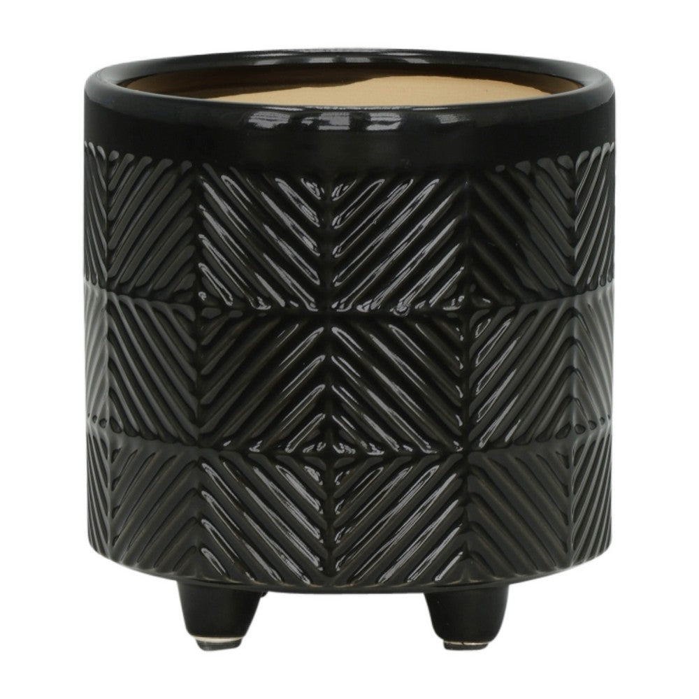 Decorative Flower Planter Set of 2, Shiny Black Textured Ceramic 6/8 Inch - BM349820