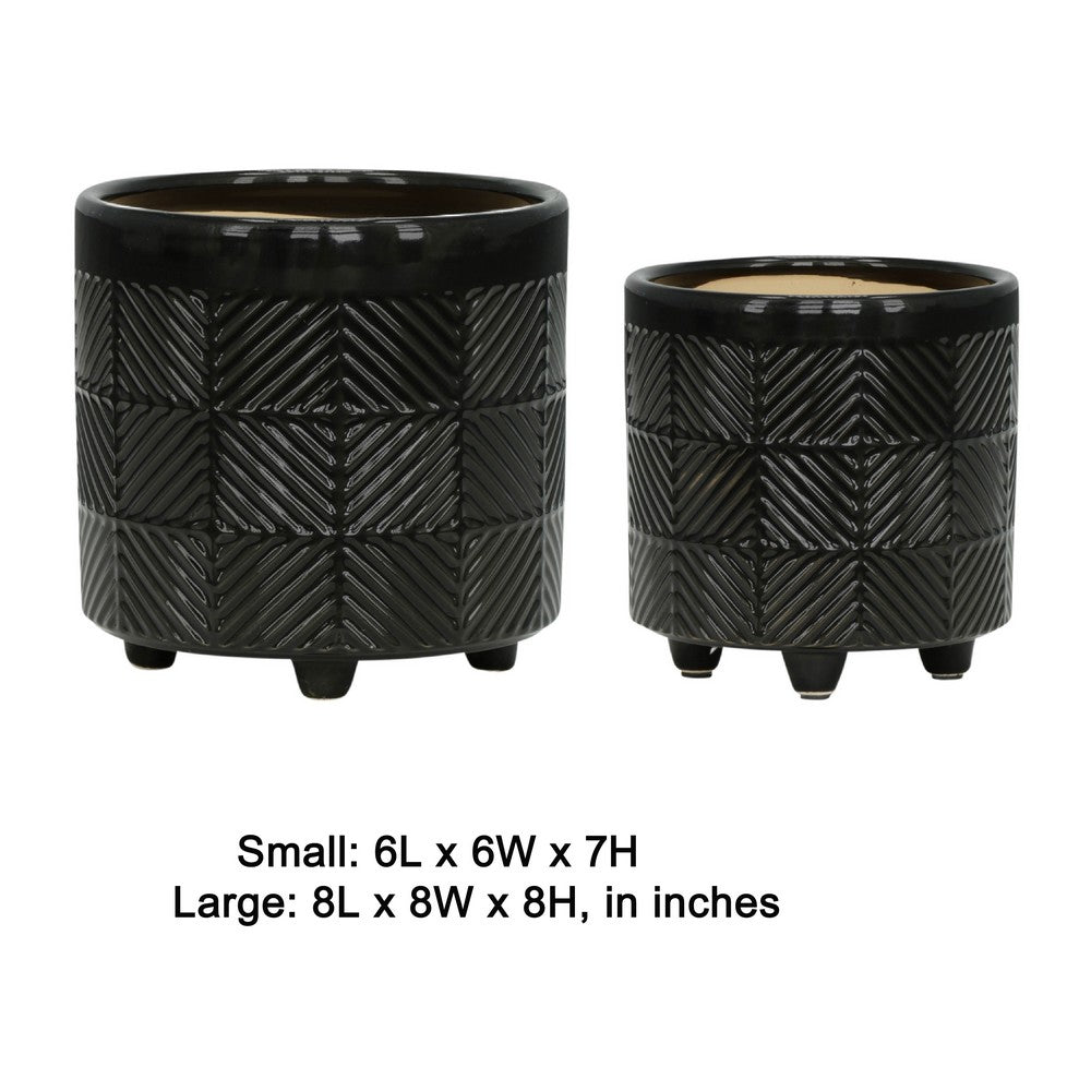 Decorative Flower Planter Set of 2, Shiny Black Textured Ceramic 6/8 Inch - BM349820