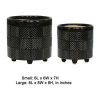 Decorative Flower Planter Set of 2, Shiny Black Textured Ceramic 6/8 Inch - BM349820