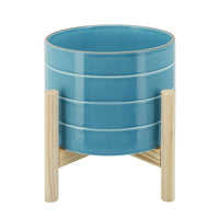 Indoor Outdoor Flower Planter, Wood Stand, Sky Blue Striped Ceramic 8 Inch - BM349821