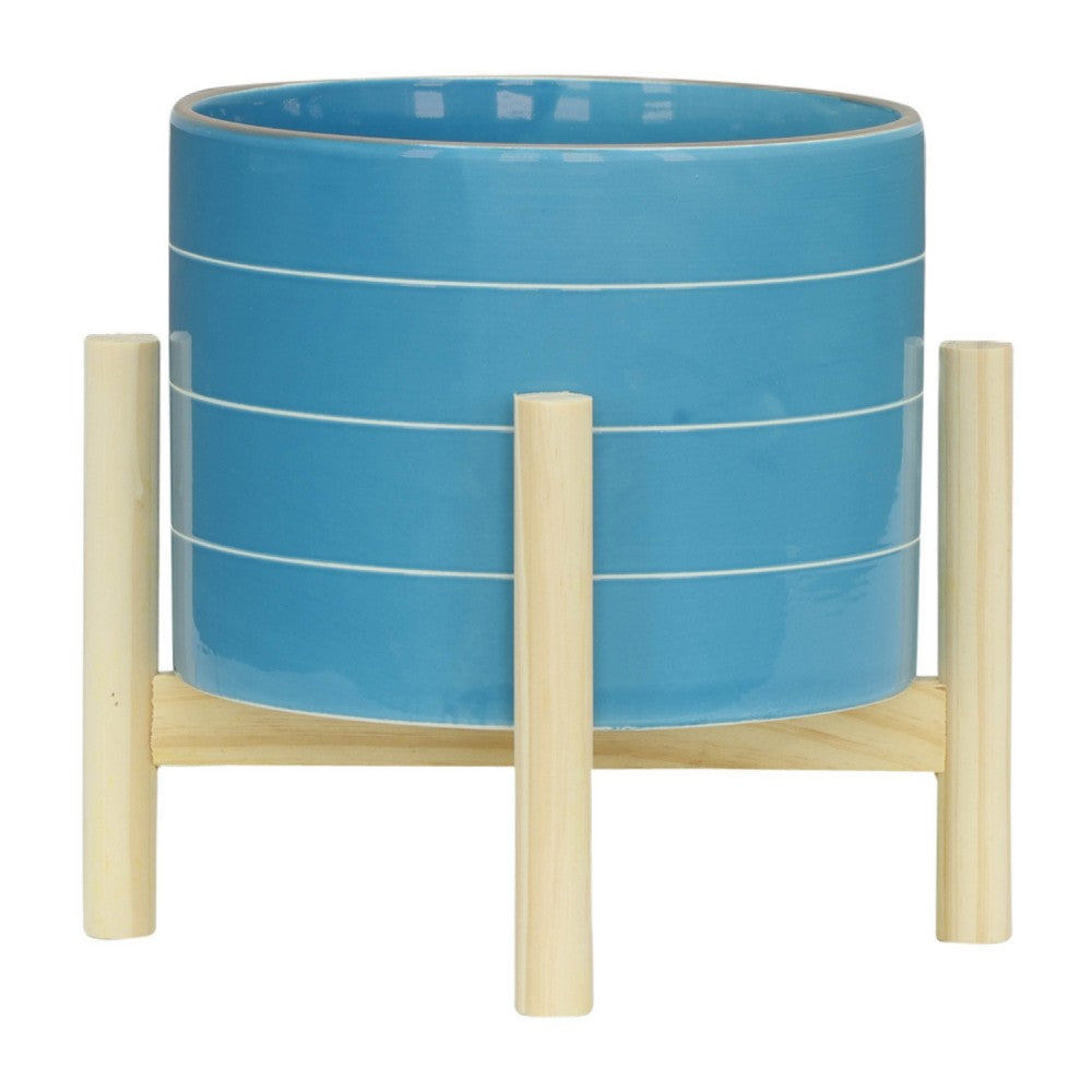Indoor Outdoor Flower Planter, Wood Stand, Sky Blue Striped Ceramic 8 Inch - BM349821