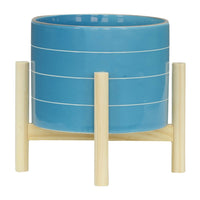 Indoor Outdoor Flower Planter, Wood Stand, Sky Blue Striped Ceramic 8 Inch - BM349821
