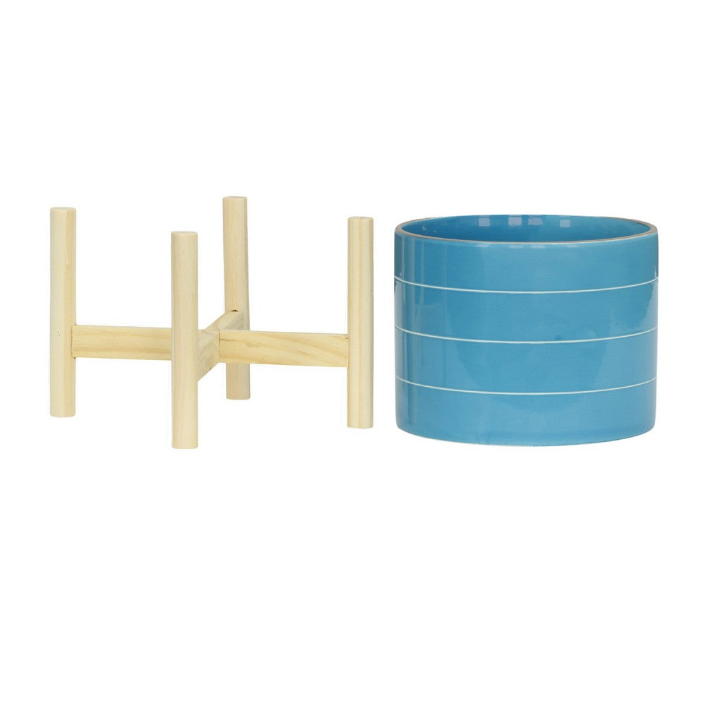 Indoor Outdoor Flower Planter, Wood Stand, Sky Blue Striped Ceramic 8 Inch - BM349821