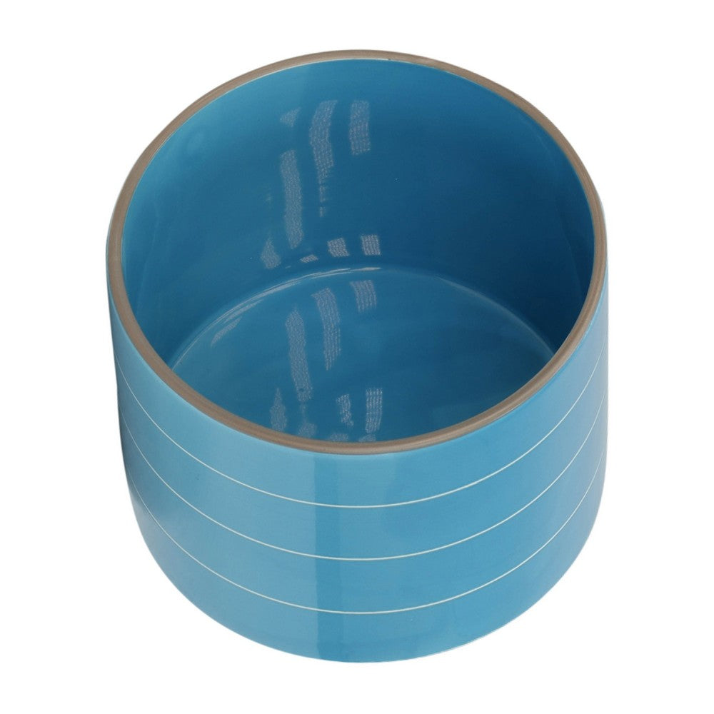 Indoor Outdoor Flower Planter, Wood Stand, Sky Blue Striped Ceramic 8 Inch - BM349821