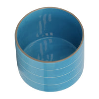 Indoor Outdoor Flower Planter, Wood Stand, Sky Blue Striped Ceramic 8 Inch - BM349821