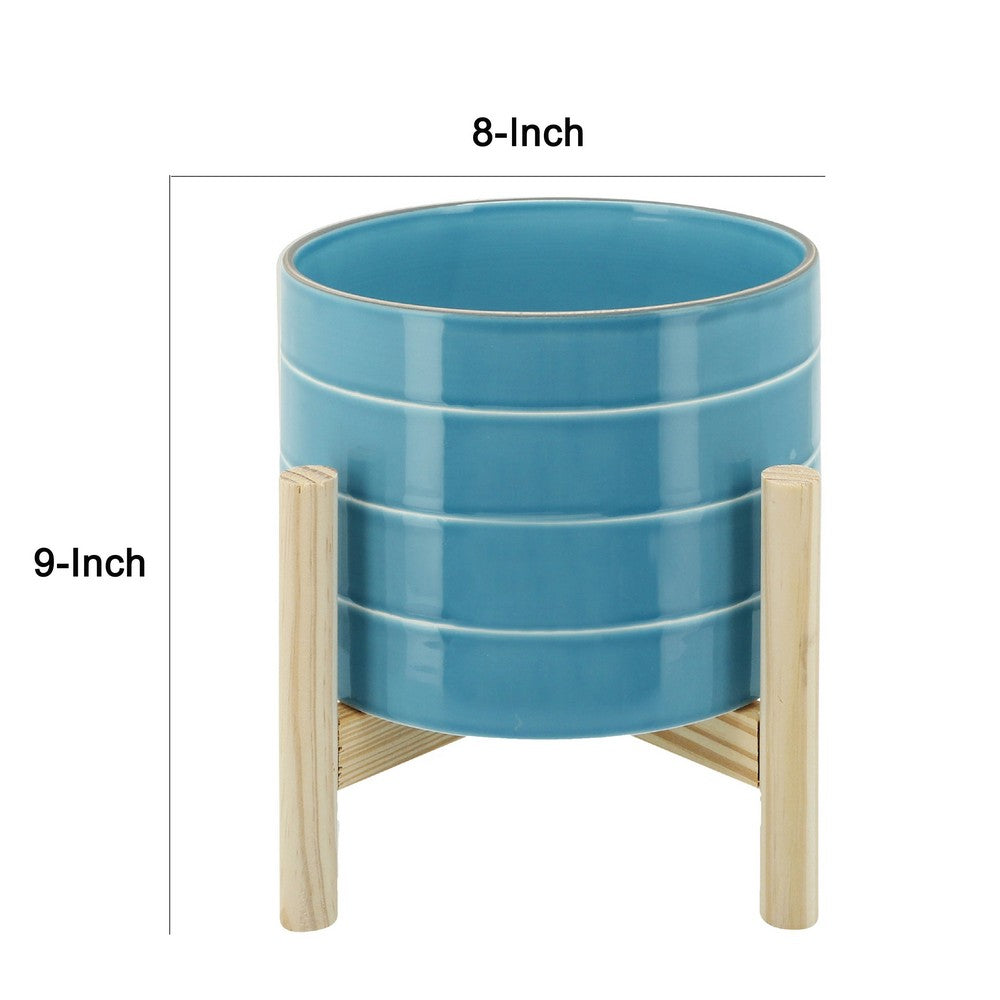 Indoor Outdoor Flower Planter, Wood Stand, Sky Blue Striped Ceramic 8 Inch - BM349821