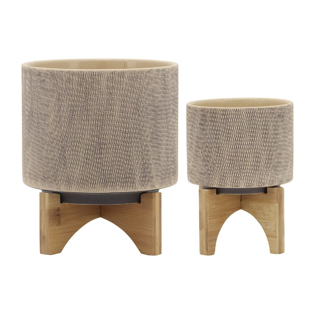 Feny Flower Planter on Stand Set of 2, Tan Brown Mesh Ceramic 5/8 Inch - BM349822