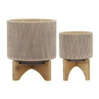 Feny Flower Planter on Stand Set of 2, Tan Brown Mesh Ceramic 5/8 Inch - BM349822