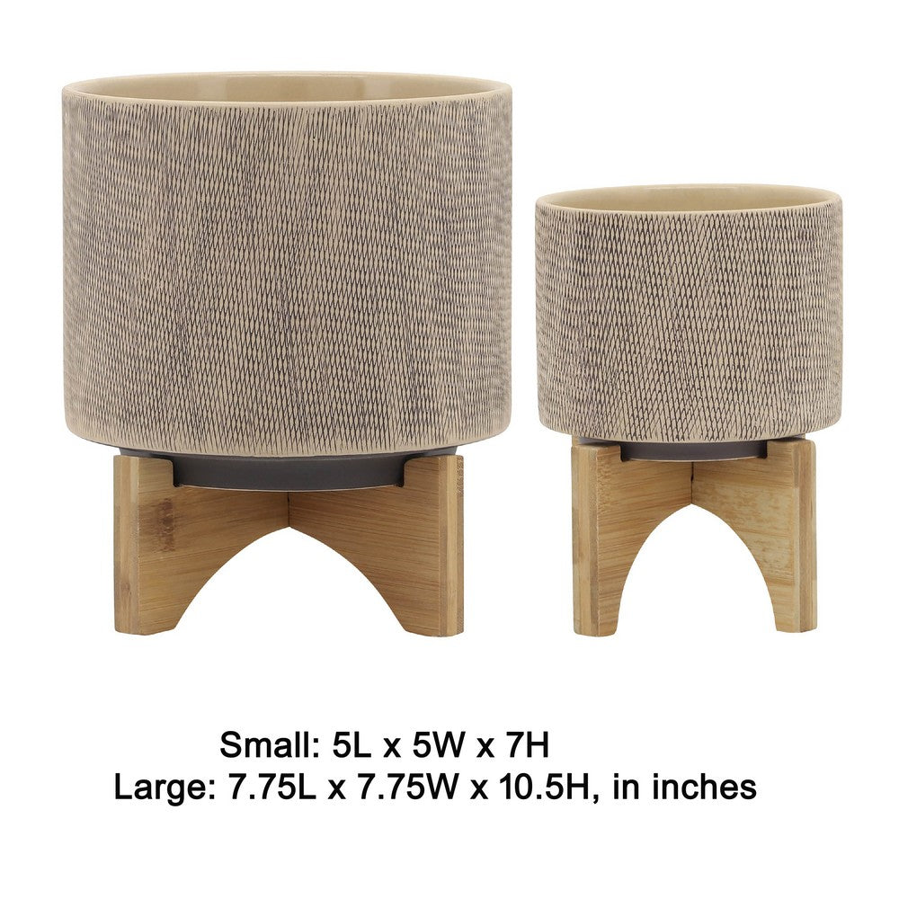 Feny Flower Planter on Stand Set of 2, Tan Brown Mesh Ceramic 5/8 Inch - BM349822