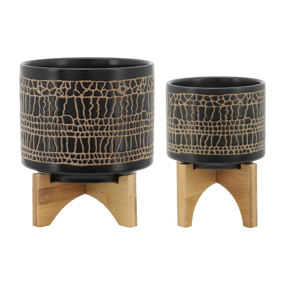 Feny Flower Planter on Wood Stand Set of 2, Black Glazed Ceramic 5/8 Inch - BM349823