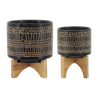 Feny Flower Planter on Wood Stand Set of 2, Black Glazed Ceramic 5/8 Inch - BM349823