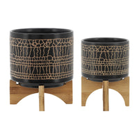 Feny Flower Planter on Wood Stand Set of 2, Black Glazed Ceramic 5/8 Inch - BM349823