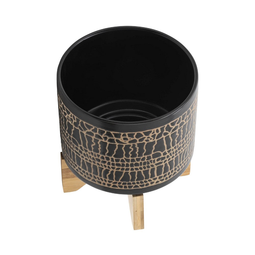 Feny Flower Planter on Wood Stand Set of 2, Black Glazed Ceramic 5/8 Inch - BM349823