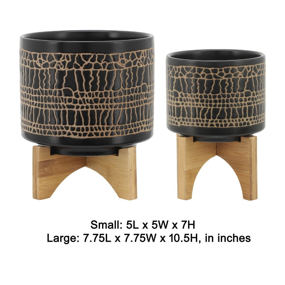 Feny Flower Planter on Wood Stand Set of 2, Black Glazed Ceramic 5/8 Inch - BM349823