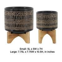 Feny Flower Planter on Wood Stand Set of 2, Black Glazed Ceramic 5/8 Inch - BM349823