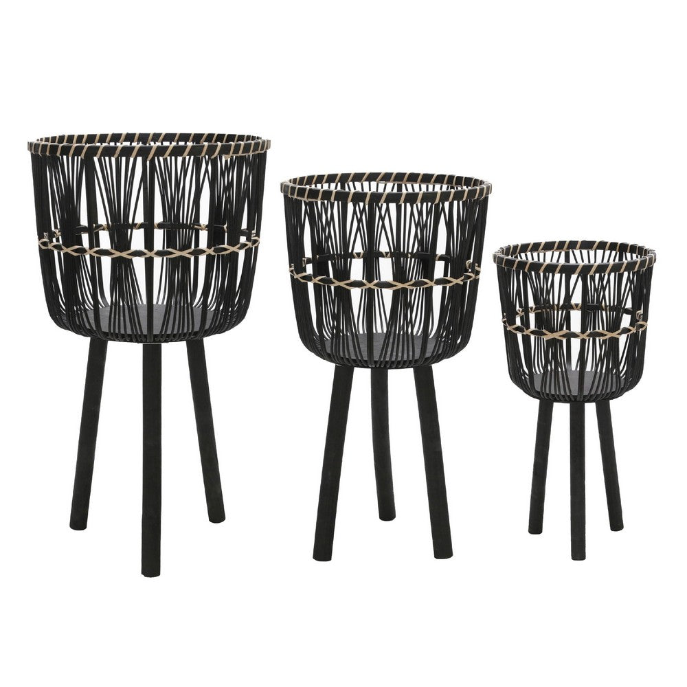 Mesy Set of 3 Planters on Legs, Black Bamboo Weave Design 11/13/15 Inch - BM349824