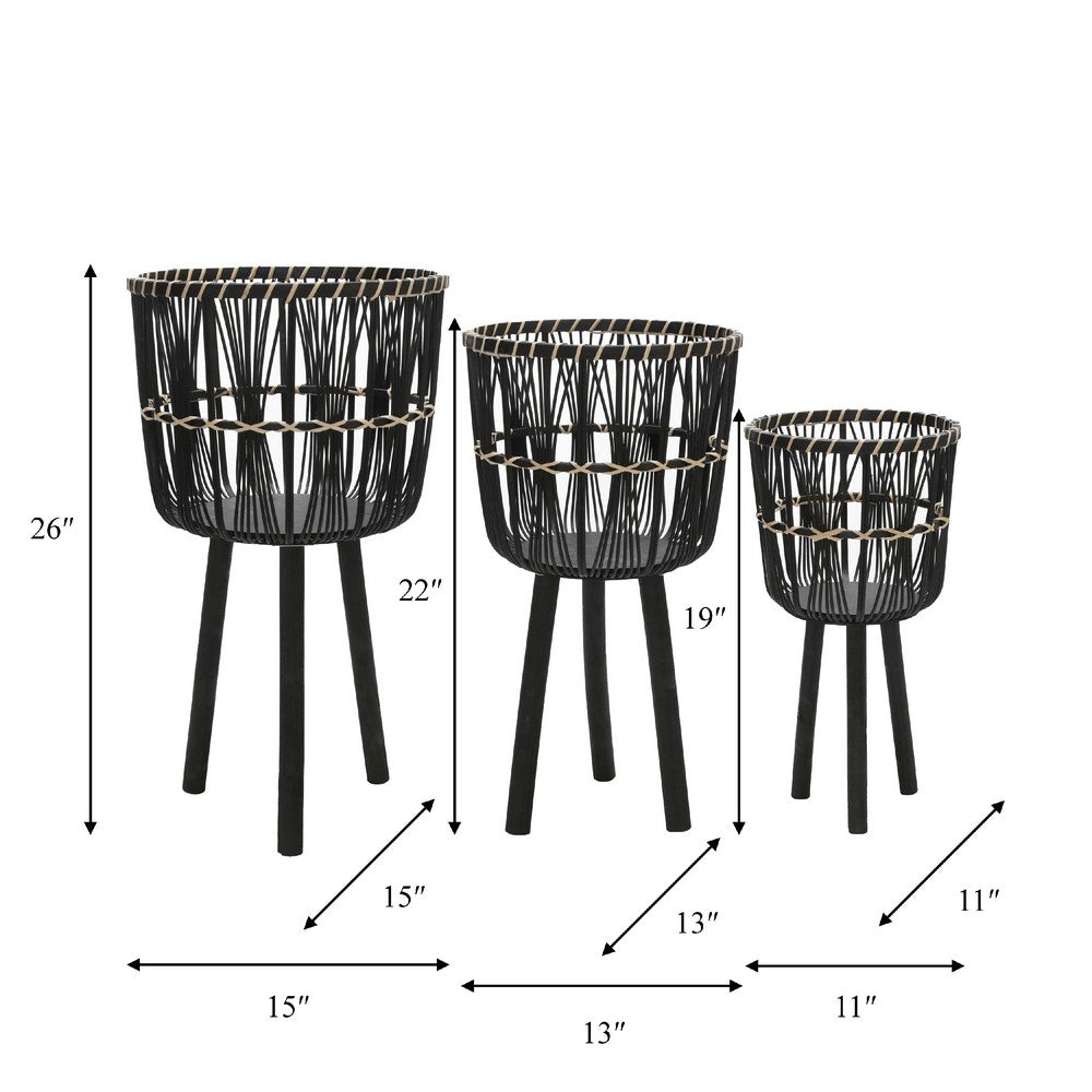 Mesy Set of 3 Planters on Legs, Black Bamboo Weave Design 11/13/15 Inch - BM349824