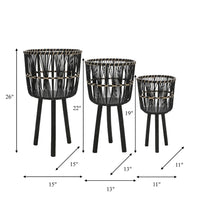Mesy Set of 3 Planters on Legs, Black Bamboo Weave Design 11/13/15 Inch - BM349824