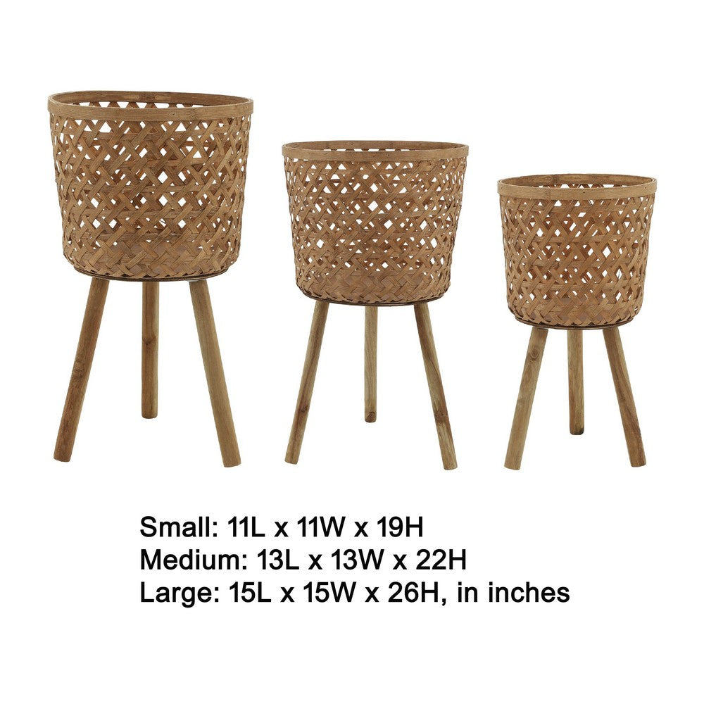 Mesy Flower Planter on Legs Set of 3, Brown Open Weave Bamboo 11/13/15 Inch - BM349825