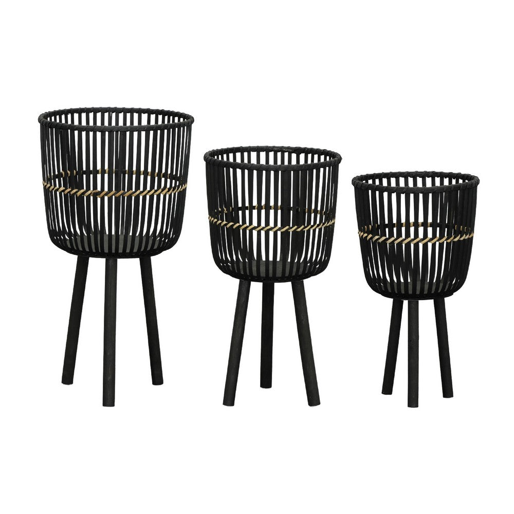 Mesy Flower Planter on Tripod Set of 3, Black Bamboo Net Weave 11/13/15 Inch - BM349826