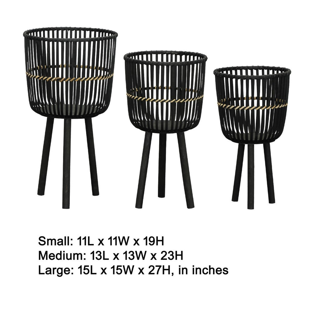 Mesy Flower Planter on Tripod Set of 3, Black Bamboo Net Weave 11/13/15 Inch - BM349826