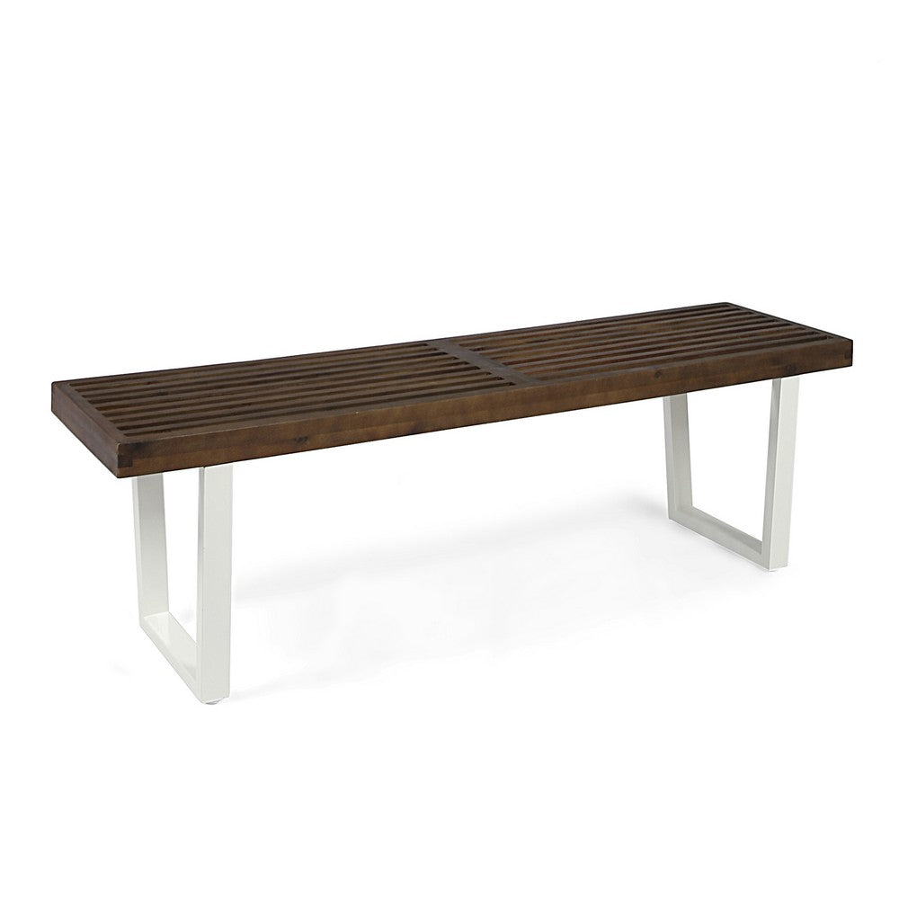 Outdoor Dining Bench, Slatted Wood Seat, Iron Base, Brown and White 62 Inch - BM349829