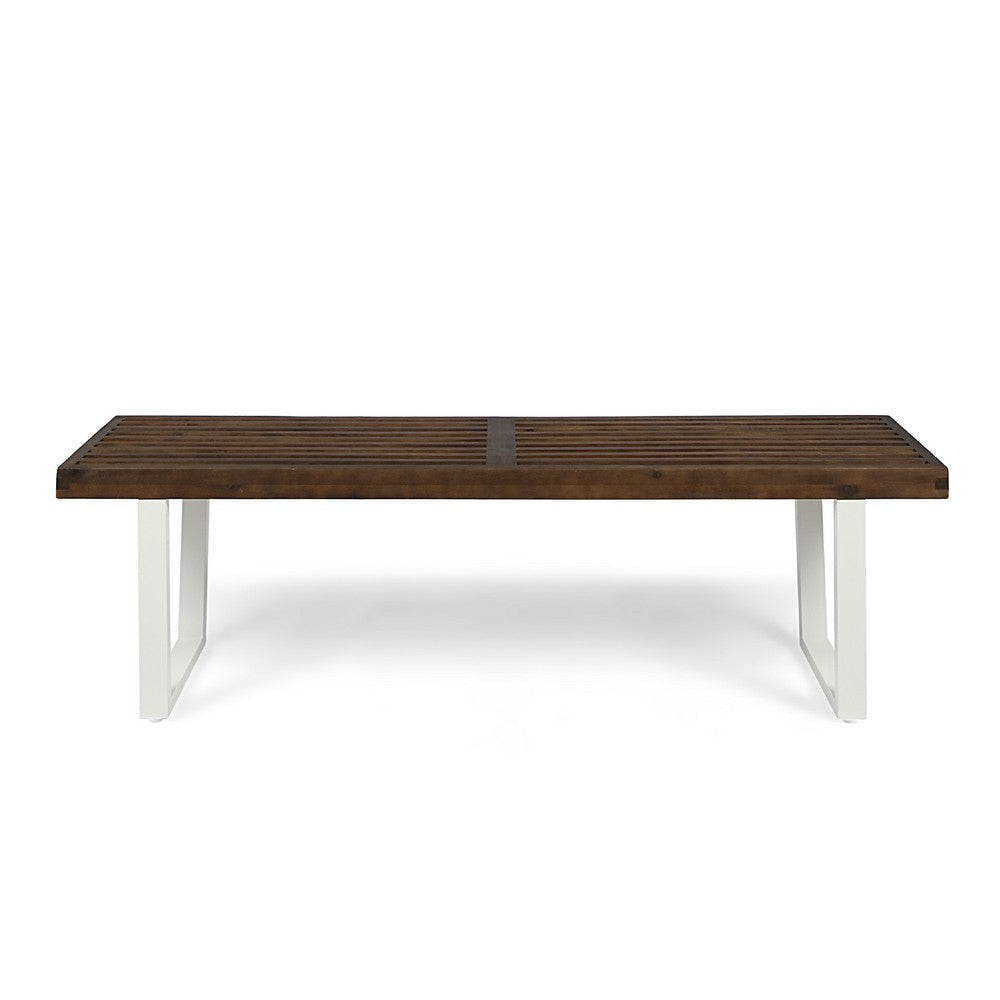 Outdoor Dining Bench, Slatted Wood Seat, Iron Base, Brown and White 62 Inch - BM349829