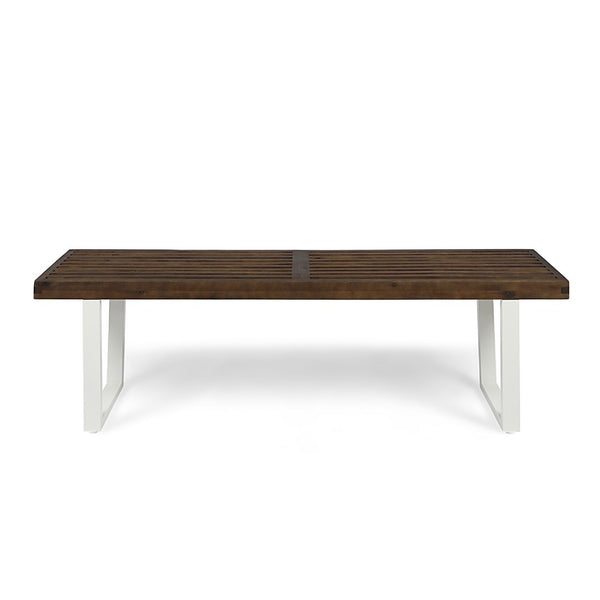Outdoor Dining Bench, Slatted Wood Seat, Iron Base, Brown and White 62 Inch - BM349829