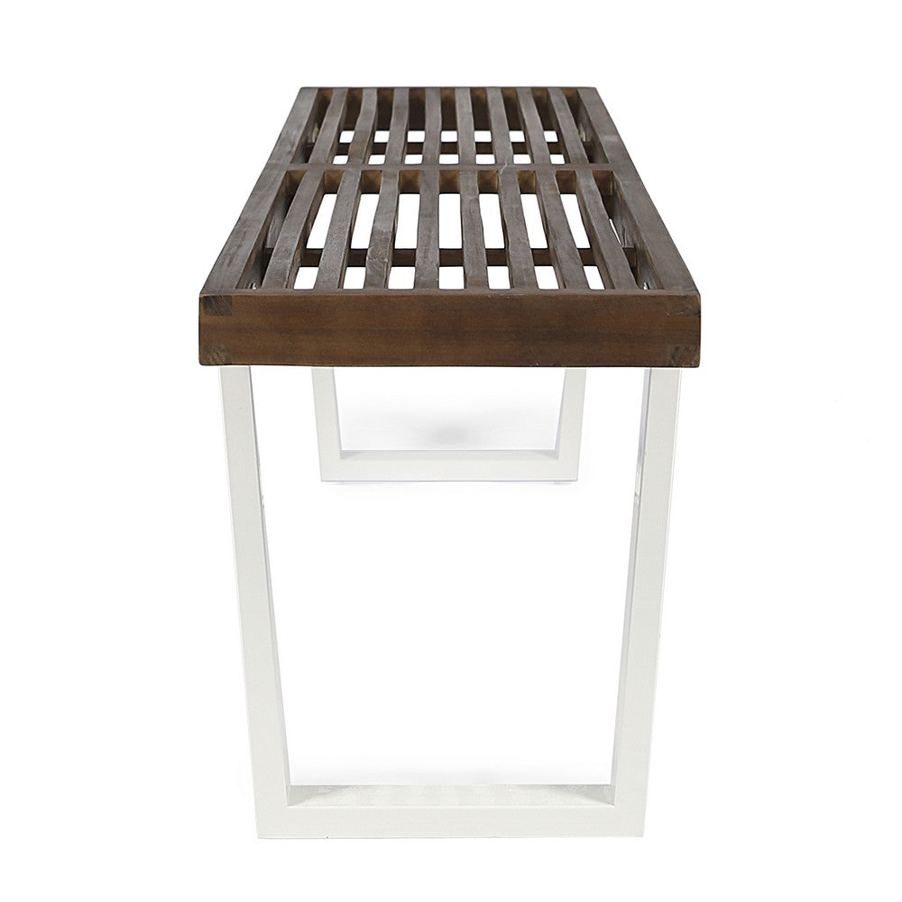 Outdoor Dining Bench, Slatted Wood Seat, Iron Base, Brown and White 62 Inch - BM349829
