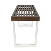 Outdoor Dining Bench, Slatted Wood Seat, Iron Base, Brown and White 62 Inch - BM349829