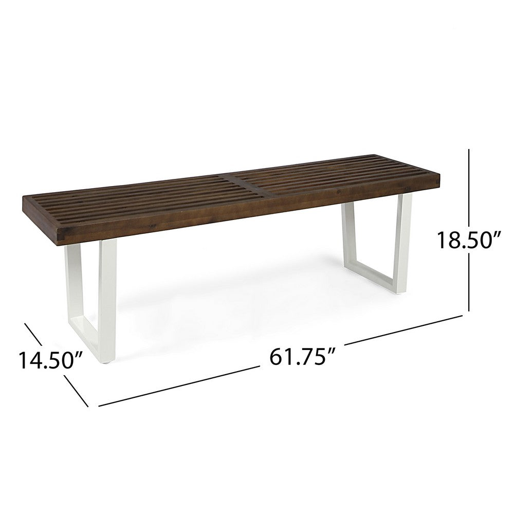 Outdoor Dining Bench, Slatted Wood Seat, Iron Base, Brown and White 62 Inch - BM349829