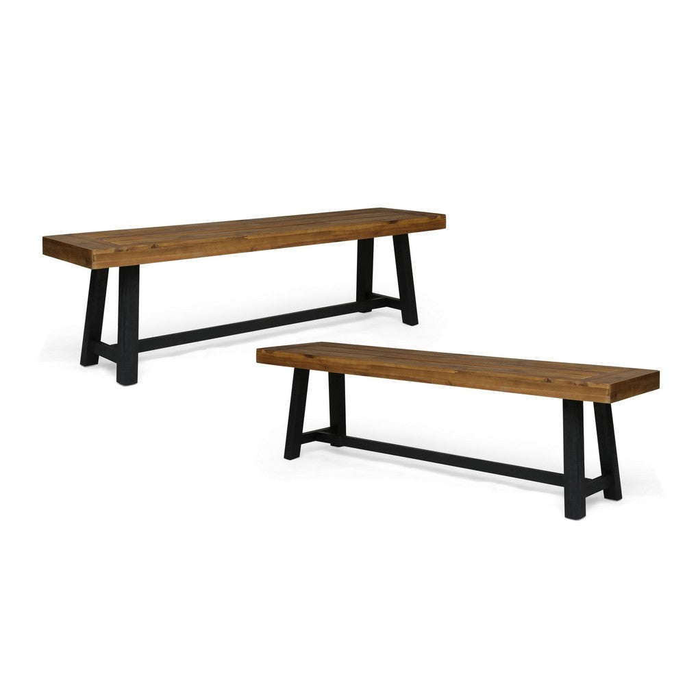 Outdoor Bench Set of 2, Slatted Top, H-Stretcher Brown and Black, 63 Inch - BM349830