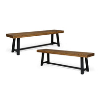 Outdoor Bench Set of 2, Slatted Top, H-Stretcher Brown and Black, 63 Inch - BM349830