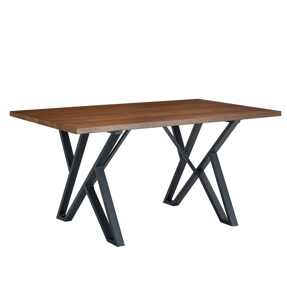 Dining Table, 59 Inch Rectangular Wood Top, Black Metal Trestle Base - BM349833