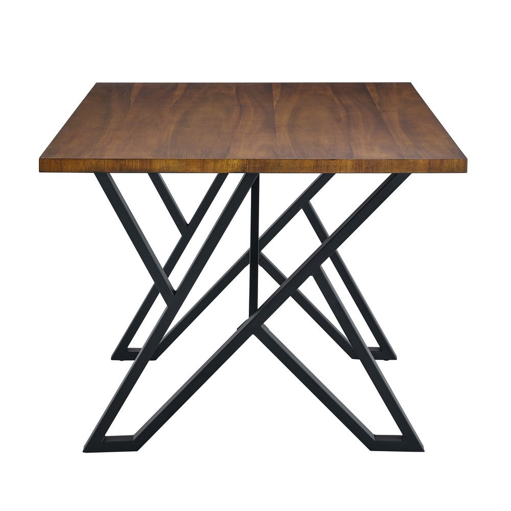 Dining Table, 59 Inch Rectangular Wood Top, Black Metal Trestle Base - BM349833